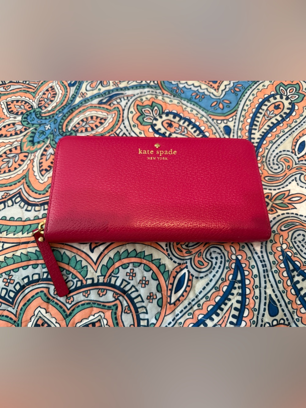 kate spade Pink Pebbled Leather Zip-Around Wallet with Gold Logo